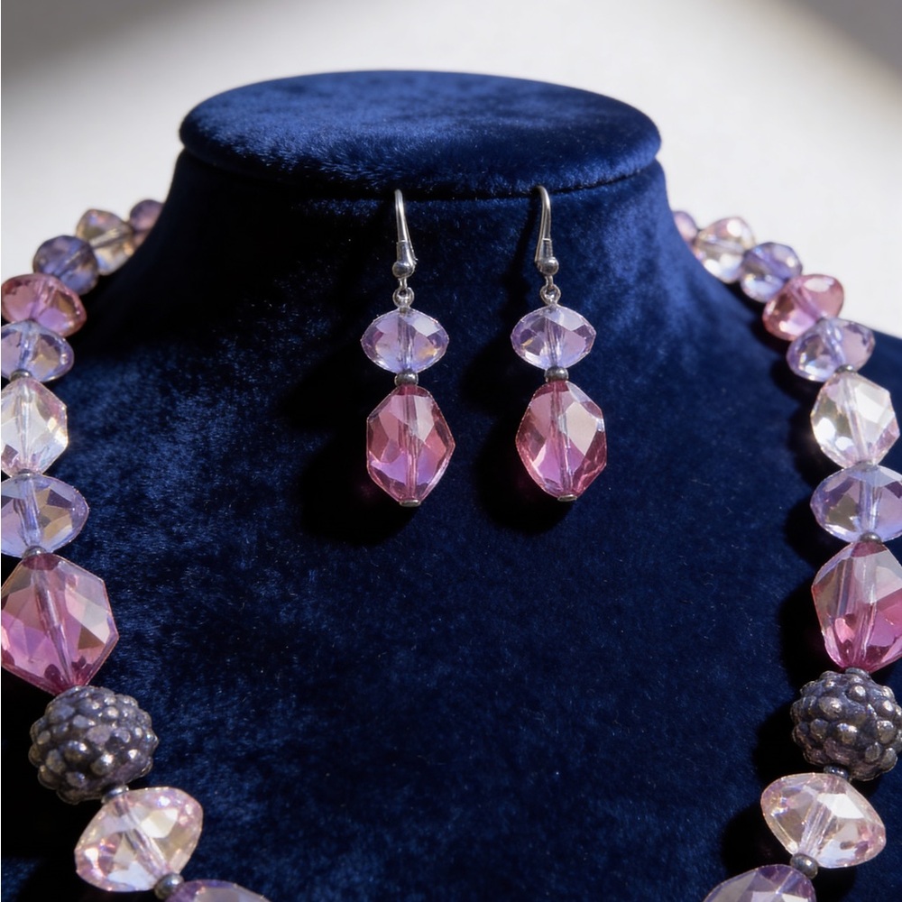 Elegant Purple & Lavender Beaded Necklace Set w/ Drop Earrings